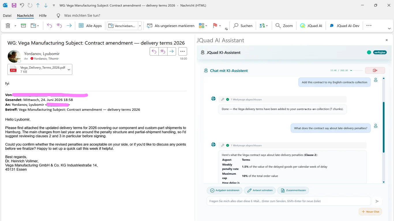 JQuad AI Assistant: RAG-Wissensbasis und Dokumentensuche in Outlook