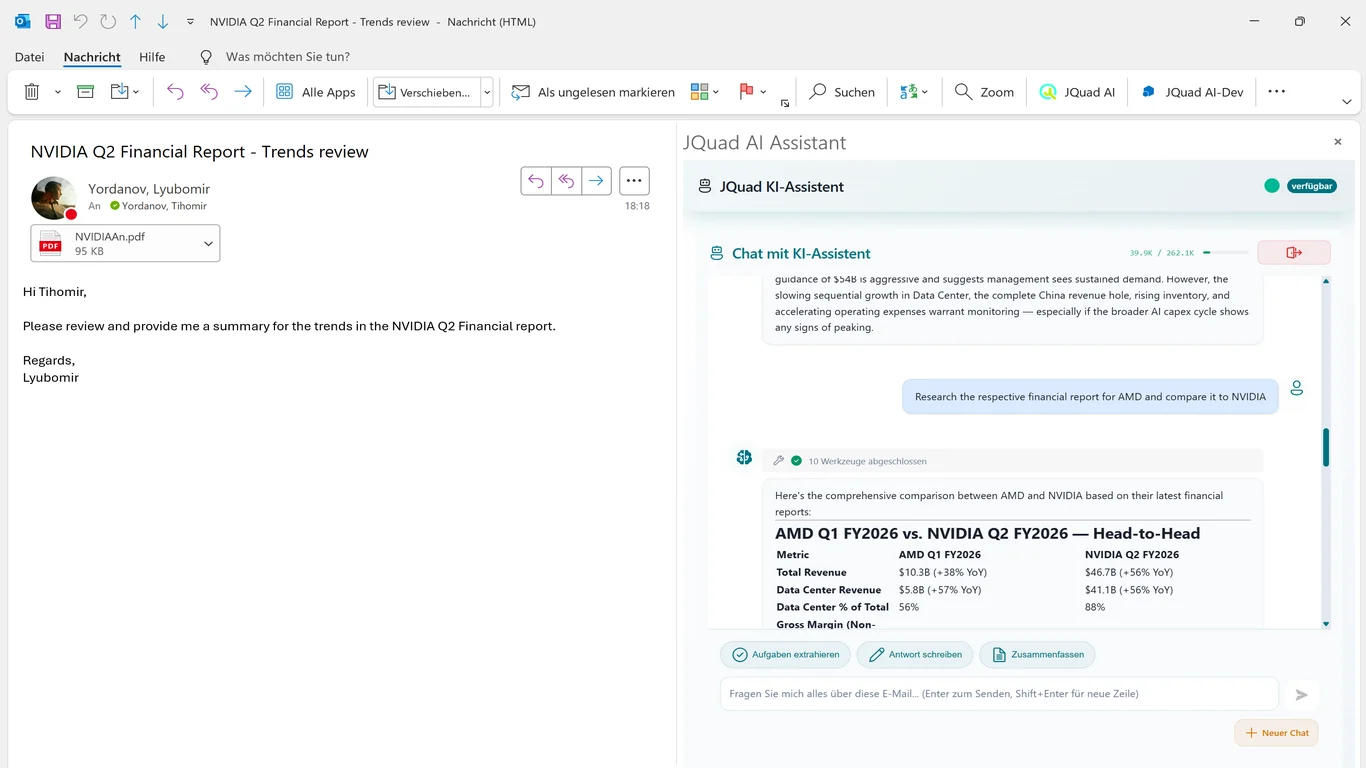 JQuad AI Assistant: Websuche und Recherche in Outlook